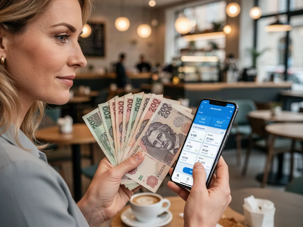 Kobieta trzyma czeskie korony i smartfon z aplikacją do przeliczania walut w kawiarni.