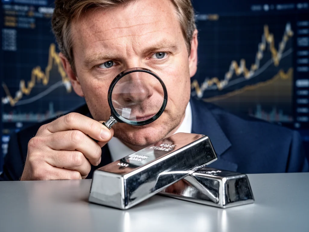Mężczyzna z lupą bada sztabkę srebra na tle wykresów finansowych, co ilustruje proces wyceny kruszcu.