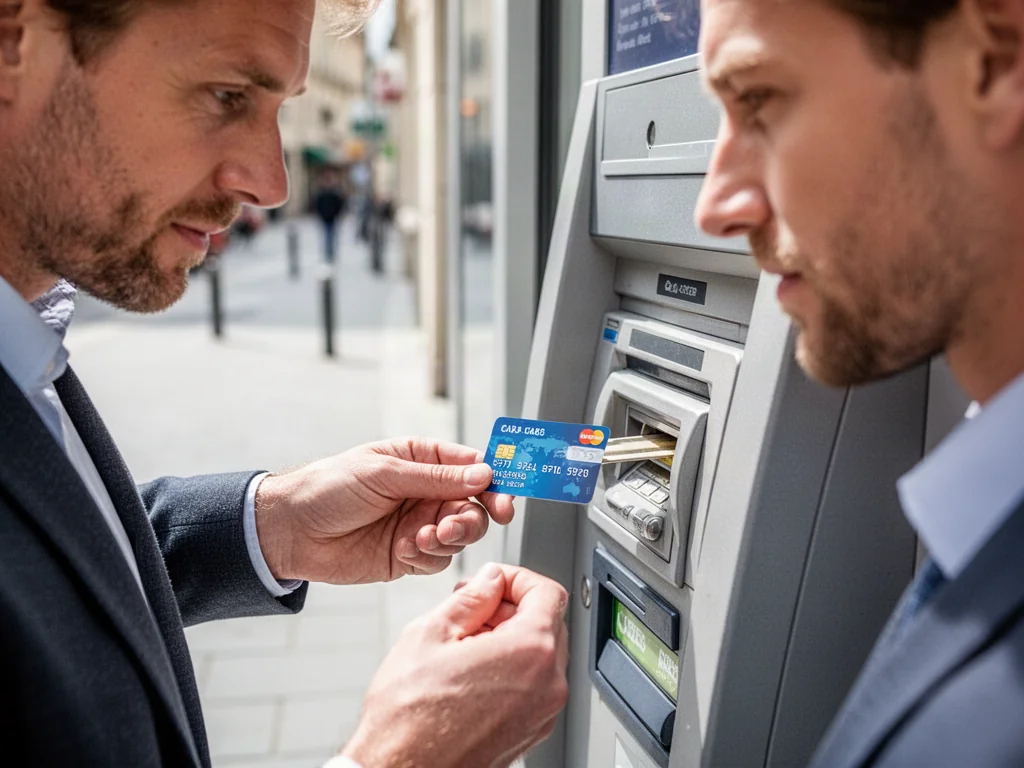 Mężczyzna wkłada kartę płatniczą do bankomatu Euronet na tle miejskiej ulicy.